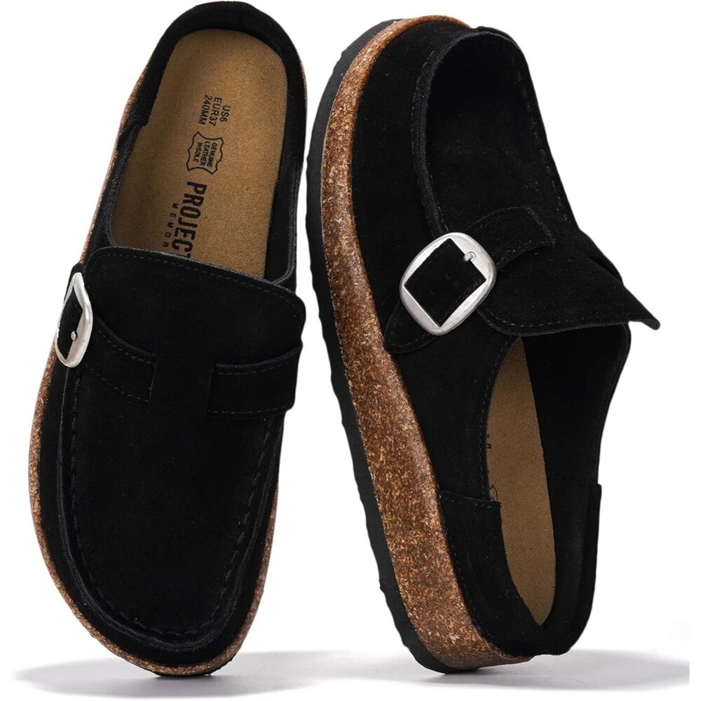 〽️Women's Moccasin-Style Clogs Mules Black Suede Closed Toe Slip-on Casual Shoes